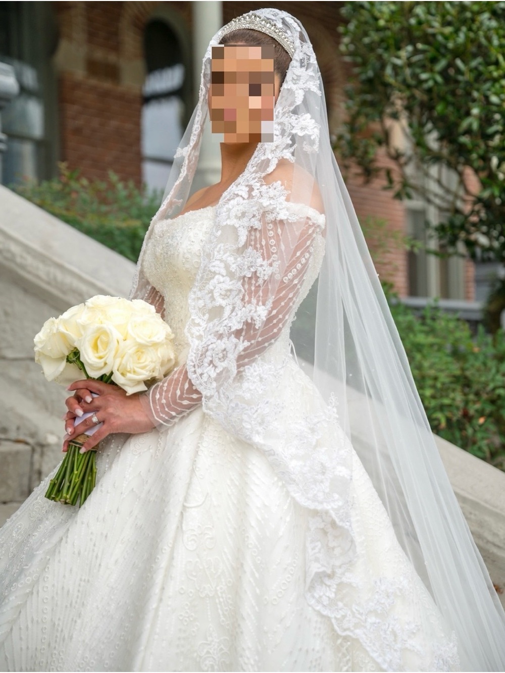 Elegant White Lace Ball Gown Wedding Dress with Cathedral Veil